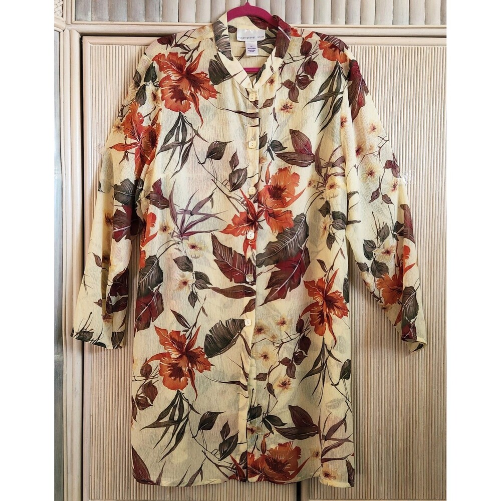 Susan Graver Women's Blouse Size 1X Tunic Button Up Sheer Autumn Tropical Floral